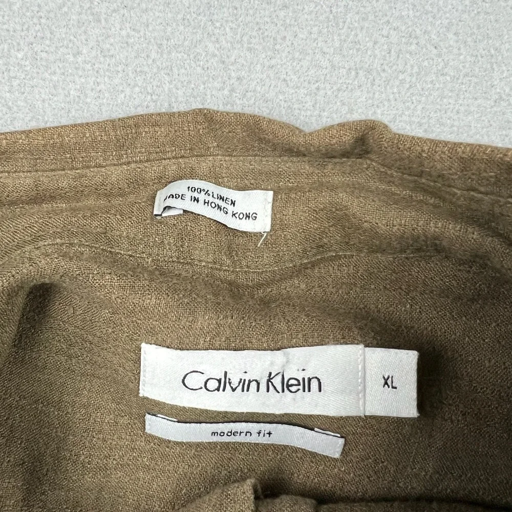 Calvin Klein Men XL Brown Earth 100% Linen Modern Fit Textured Button Up Shirt